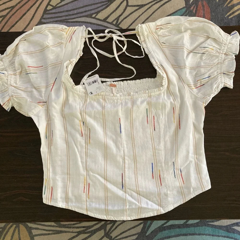 Free People Serotonin Corset Top White Puff Sleeve Top Colorful Rainbow Stitches